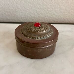 Vintage Copper Trinket Box Floral Embossed Lid Red Glass Gem top 3.5” Diameter